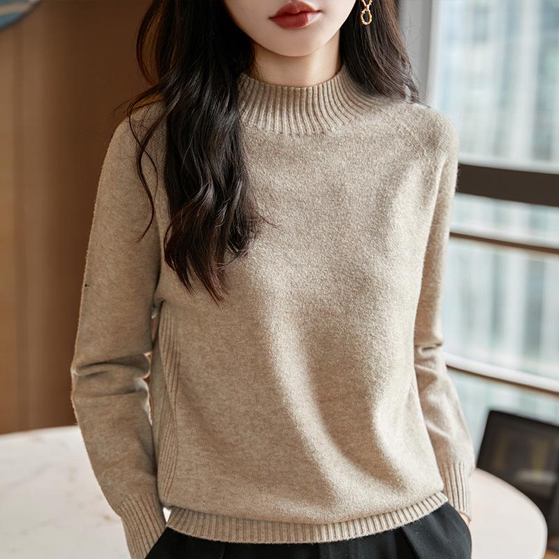 Women's Autumn/Winter Half-High Neck Thick Knit Pullover - Versatile, Loose, Slimming Solid Color Base Layer
