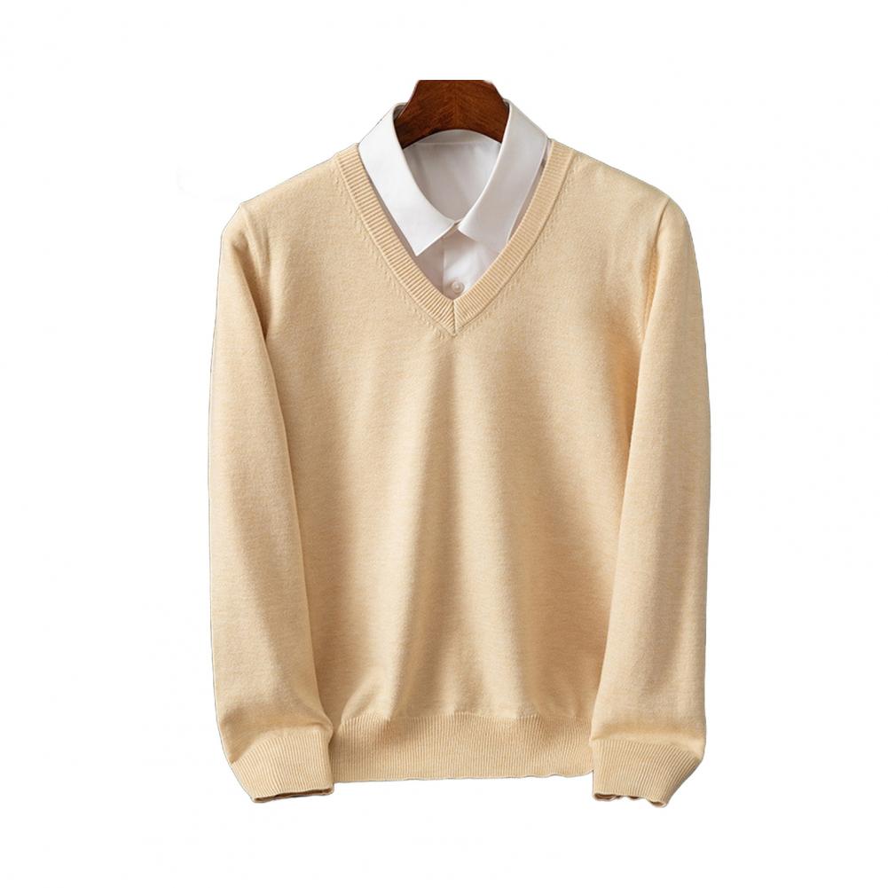 Pull Homme Automne Hiver Fausse Chemise Deux Pièces Patchwork Col Revers Décolleté en V Manches Longues Élastique Couleur Unie Coupe Ajustée Tricot Chaud Kni B Usage Pratique M beige