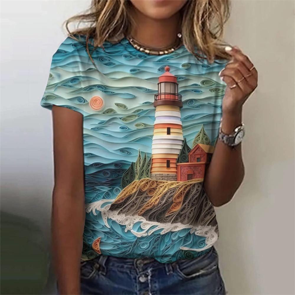 Sommer 3D-gedrucktes Ozean-Leuchtturm-T-Shirt für Damen Grafik-T-Shirts Nachtszene Lässige Harajuku T-Shirts Kurzarm Rundhals Oberteile
