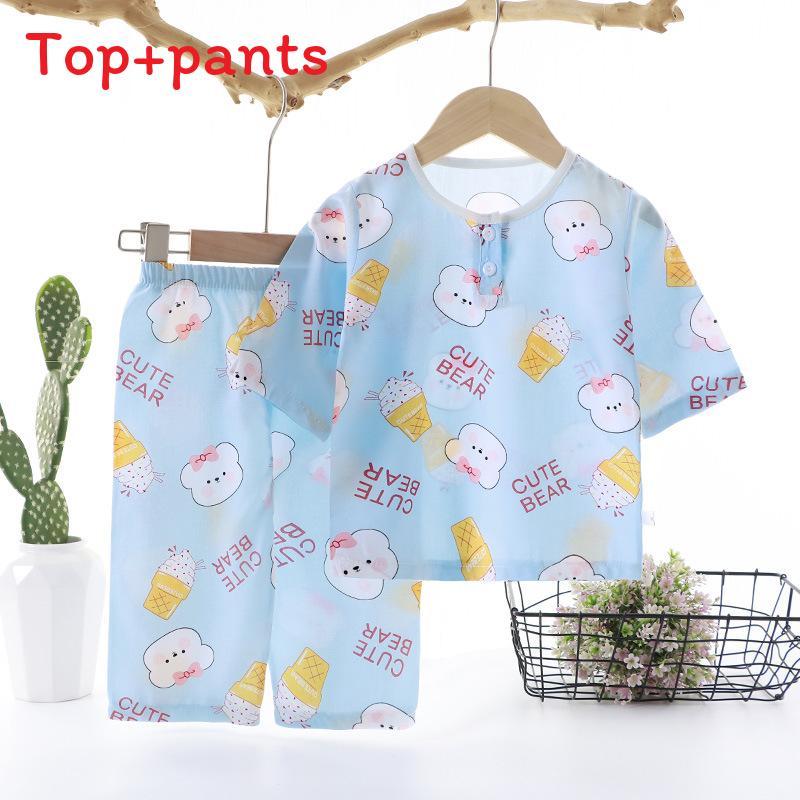 Cartoon Dinosaur Kids Sleepwear Set With Breathable Cotton Silk For Summer Comfort
