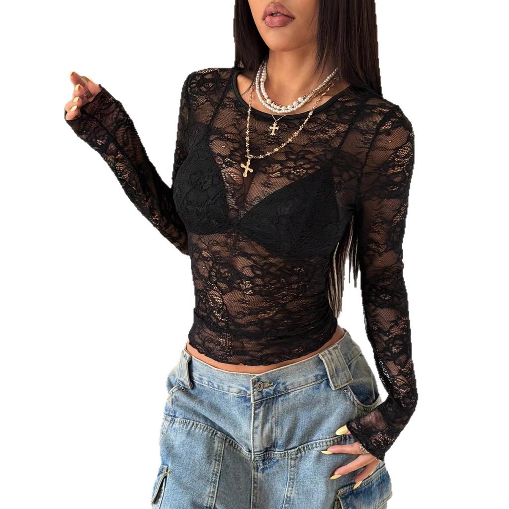 Black Crochet Lace Sheer Sexy Round Neck Slim Flattering Top Women Fashion Daily Basic Office Lady Casual Slim Fit Ladies Elegant Long Sleeve Top