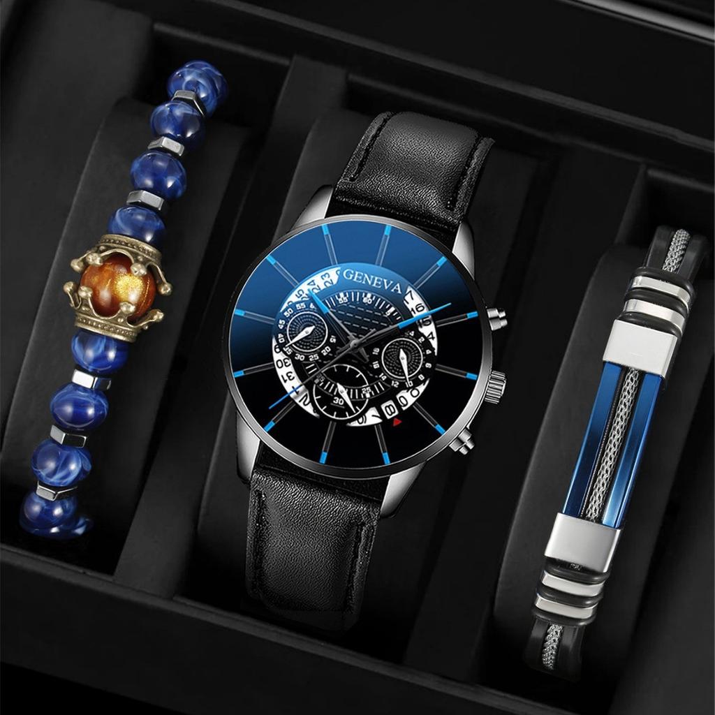 3pcs Men's Fashion Atmospheric Simple Trend Large Disc Business Quartz Watch High-end Luxury Blue Bracelet Two-Piece Set
