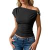 Women's Casual Fashion T-shirt, Slim-fitting, Asymmetric, Off-shoulder, Metal Button Top