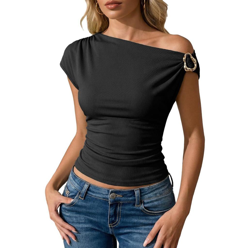 Women's Casual Fashion T-shirt, Slim-fitting, Asymmetric, Off-shoulder, Metal Button Top