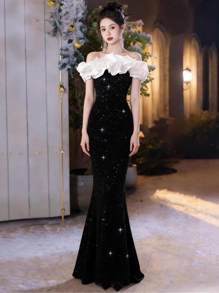 Elegant One-Shoulder Black Sequin Mermaid Evening Gown for Women