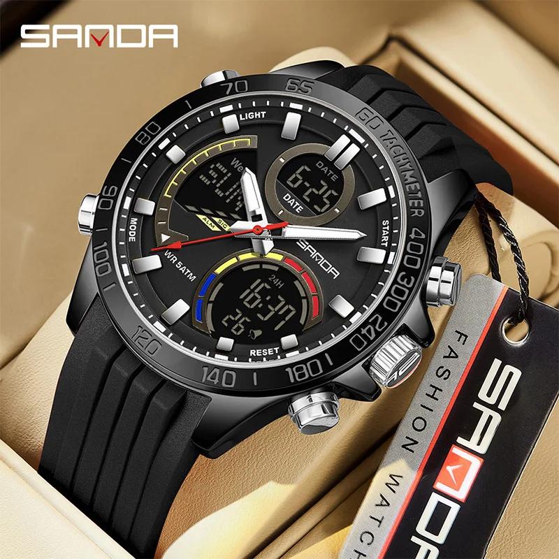 SANDA Luxury Men Electronic Quartz Watch Chronograph Double Display Waterproof Man Digital Wristwatch Military Sport Male Clock