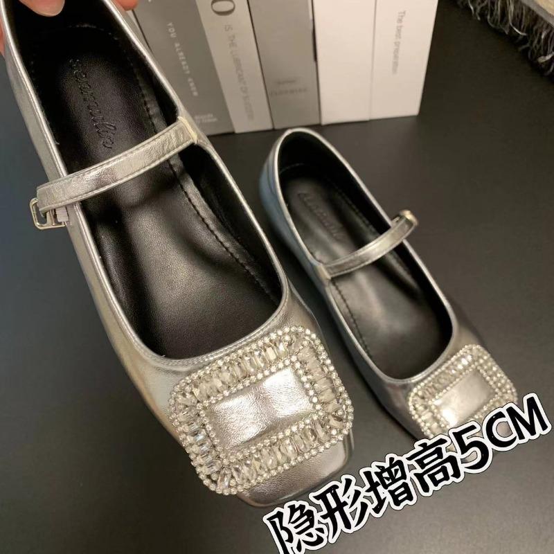 

Small inner height increase 5CM single shoes women s silver one-word buckle strap medium heel Mary Jane shoes rhinestone high heels 33