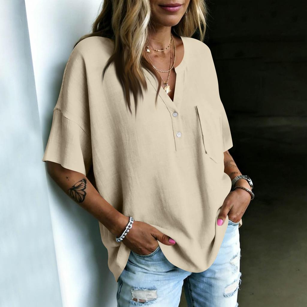 Women Casual V Neck Blouse Short Sleeve Bohemian Style Shirt Loose Fit Lightweight Summer Top with Button Detail and Pocket