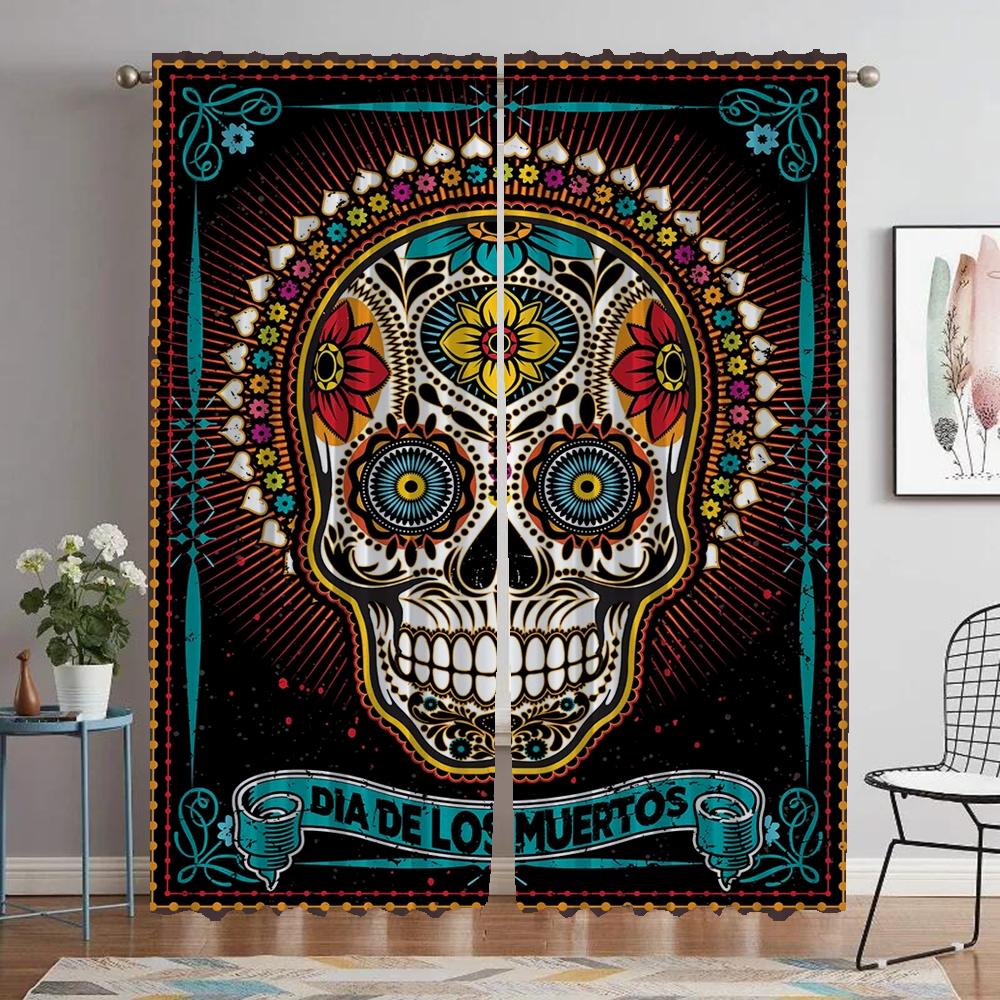 Mexico Flower Skull Blackout Curtains for Living Room Window Curtain for Room 2 Panel Partition Home Interior Curtains Shades
