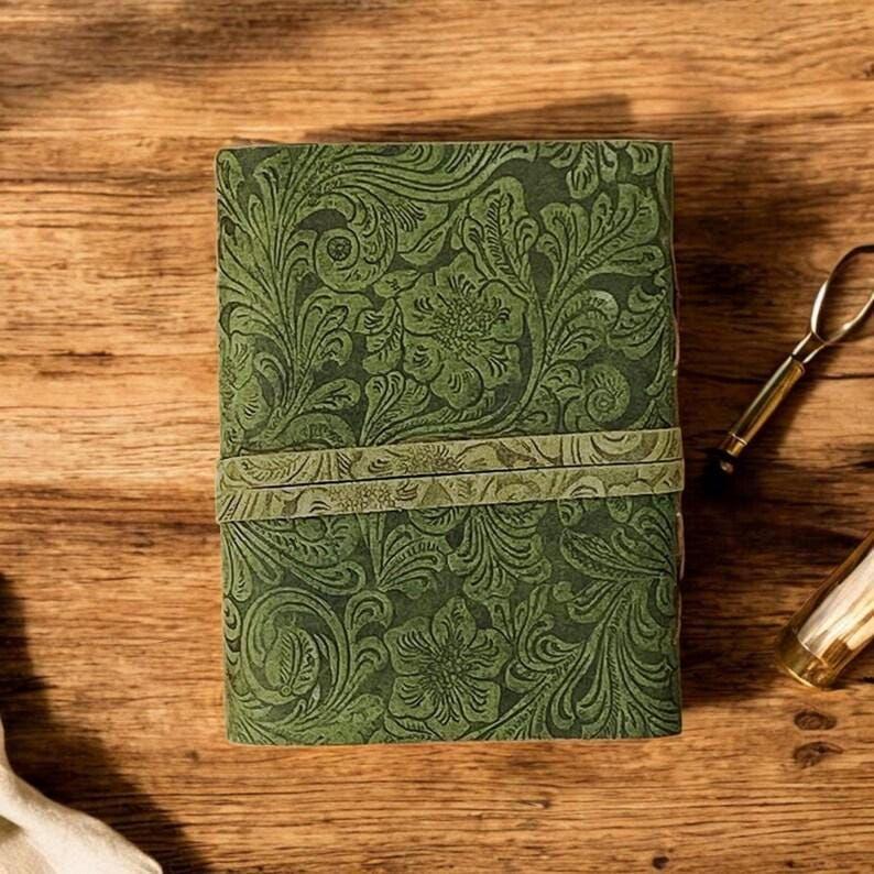 Handmade Green Floral Leather Journal: Vintage Deckle Edge Paper, Antique Key