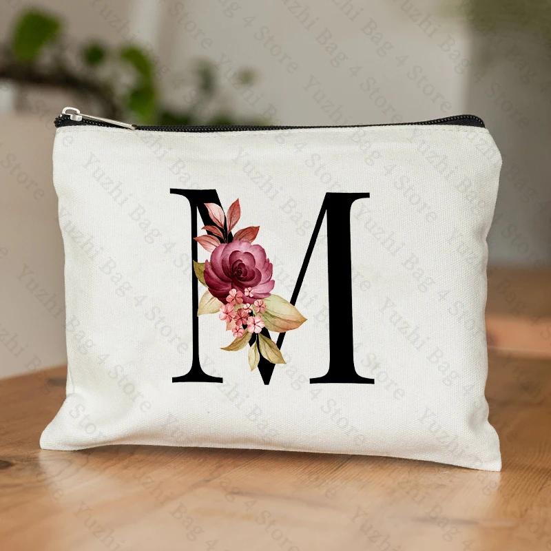 A-Z Alphabet Cosmetic Storage Bag Initial Graduation Gifts for Teacher Flowers Print Toiletry Bag for Bridesmaids Wedding Gifts