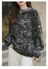Women's Round Neck Ink Painting Color Block Sweater - 95% Wool, 5% Cashmere, Autumn/Winter Plush Knit Base Layer.