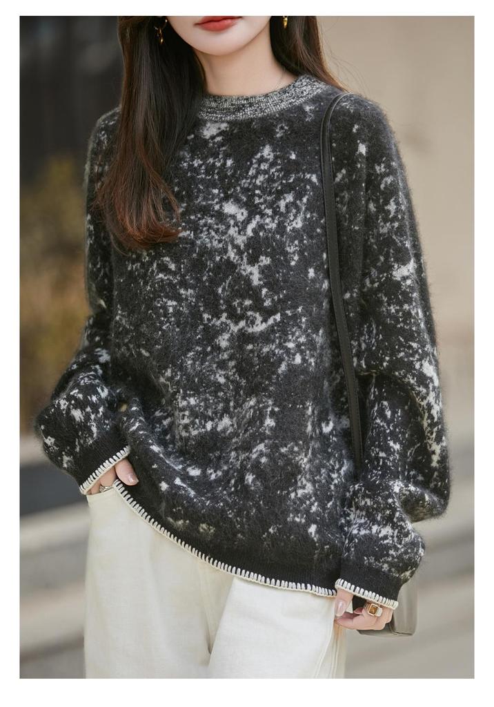 Women's Round Neck Ink Painting Color Block Sweater - 95% Wool, 5% Cashmere, Autumn/Winter Plush Knit Base Layer.