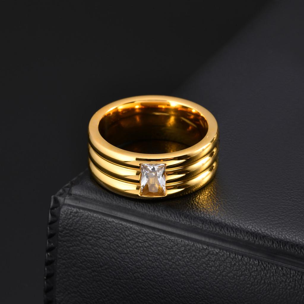 Chunky Gold Color Ring for Men Boys,Sparking White AAA CZ Stone Stainless Steel Ring,Stagement Wedding Ring to Him Her