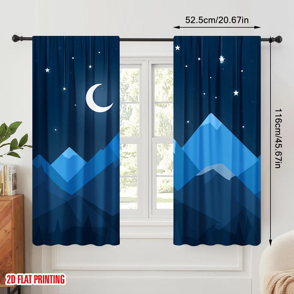 2pcs,2D Plane Printing Curtains&Window Treatment Crescent Moon Over Mountains Versatile Polyester Fabric (without Rod)