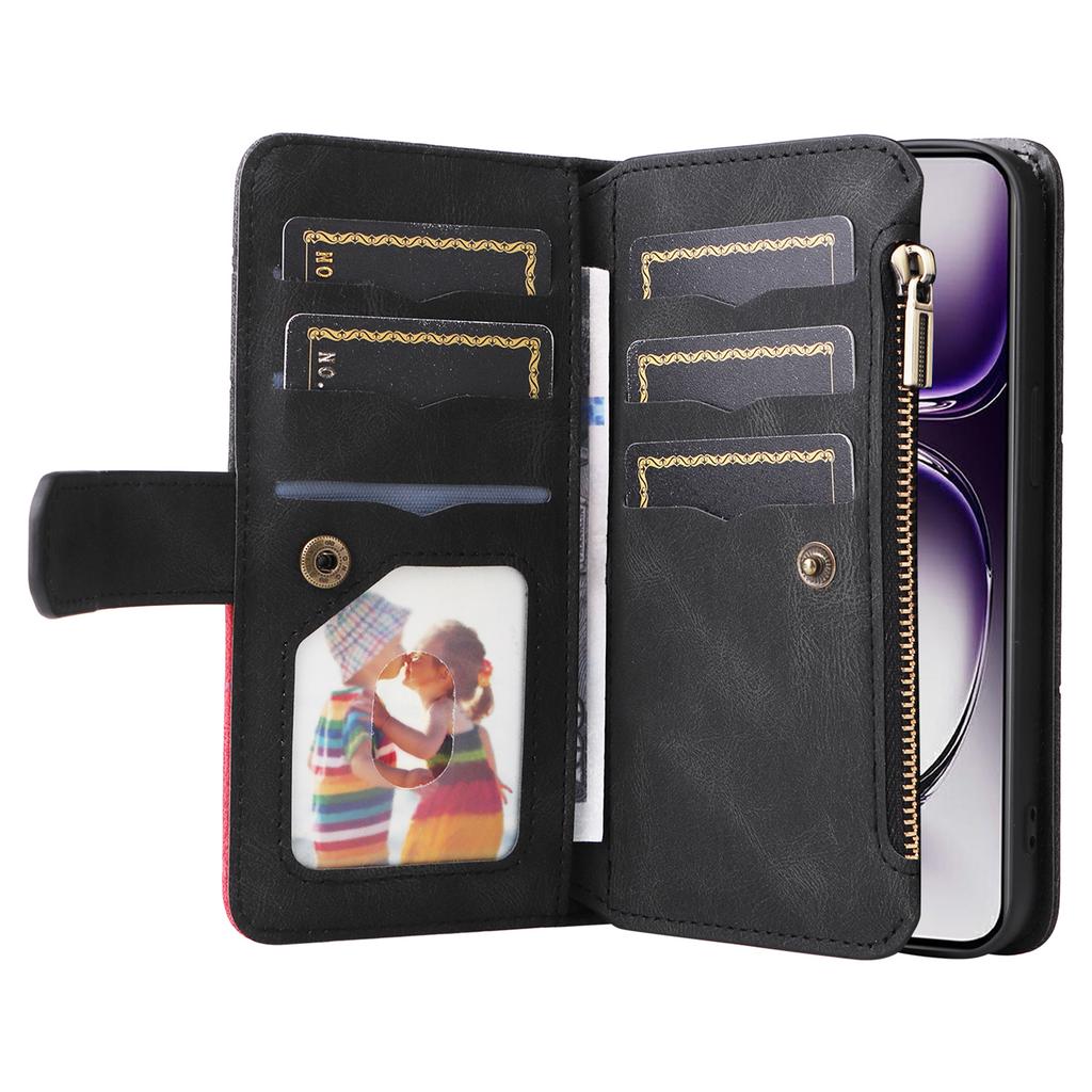 For Oppo Reno12 5G (Global) Leather Case with Strap Zipper 9 Card Slot Phone Cover Stand