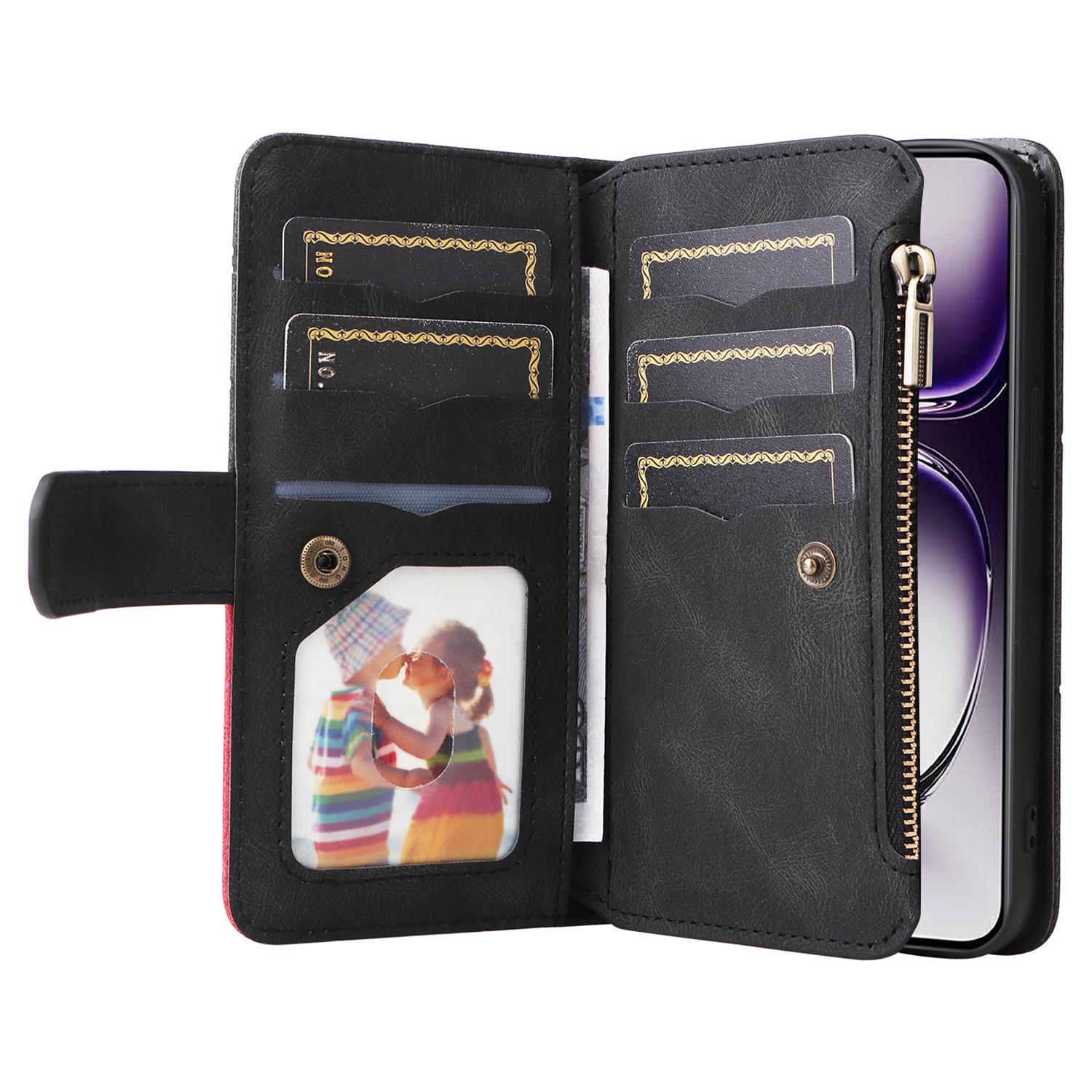 

For Oppo Reno12 5G (Global) Leather Case with Strap Zipper 9 Card Slot Phone Cover Stand Black