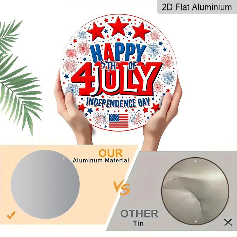2D Flat, 1pc Round Aluminum "Happy 4th of July Independence Day" Sign, Patriotic Stars & Fireworks Metal Plaque, Red White Blue USA Flag Design