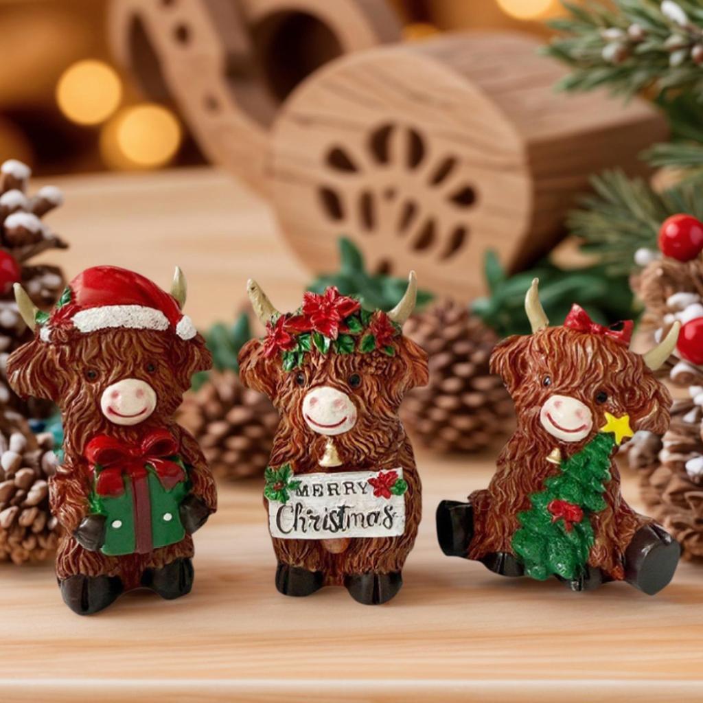 Christmas Highland Cattle Statue 3Pcs Cow Figurines Cute Small Resin Statue Christmas Gifts Home Office Desk Decoration