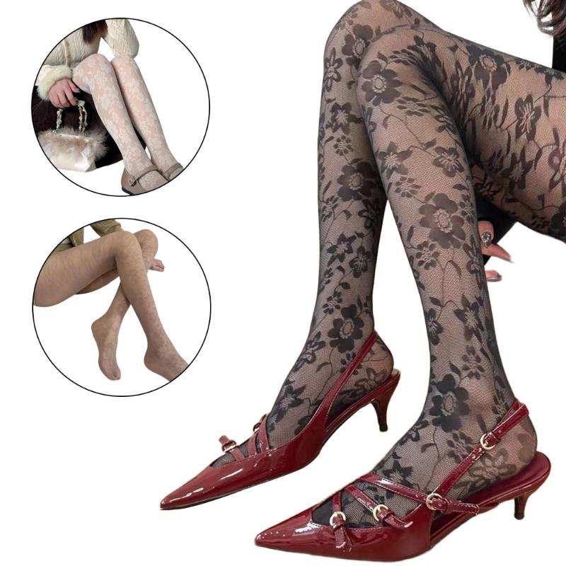 Vintage Patterned Sheer Pantyhose Stockings for Women French Style Flower Jacquard Silk Tights Thin Leggings Hosiery