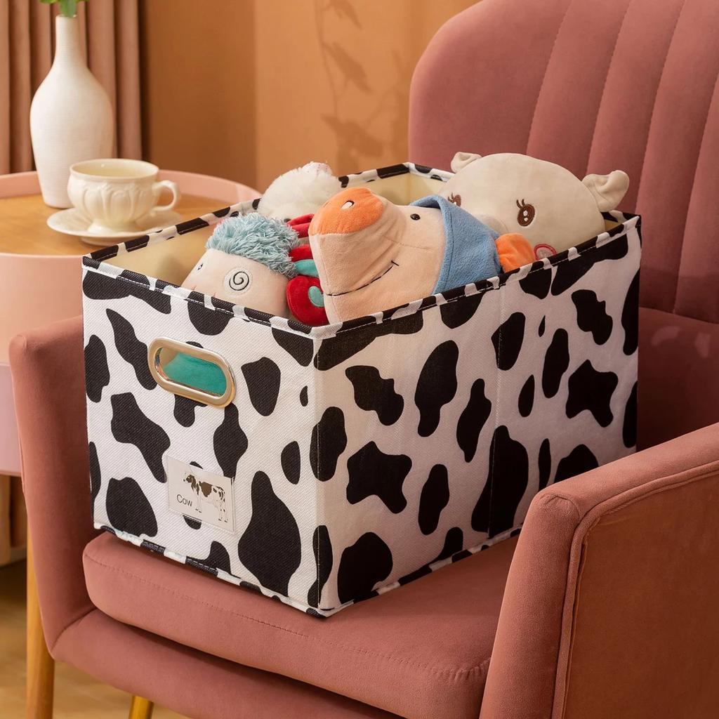 1PC Cotton and Linen Uncovered Drawer Style Storage Box, Black and White Cow Printed Clothing Storage Box