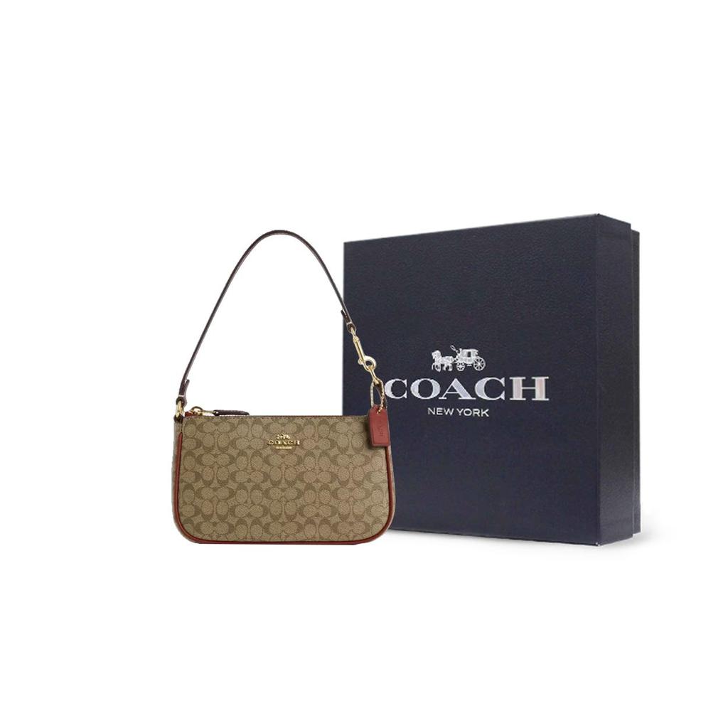 Coach Nolita 19 Classique Monogramme Fermeture éclair Toile Enduite Et Cuir Lisse Poignet Pochette Petite Pochette Femme Kaki Terre Cuite CE698-IMS4L