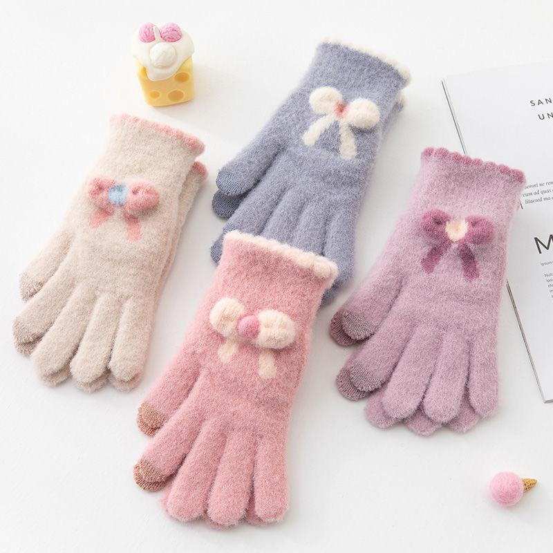 Plush Gloves for Cycling Warm and Plush Touch Screen Butterfly Knot Knitted Gloves for Women In Winter
