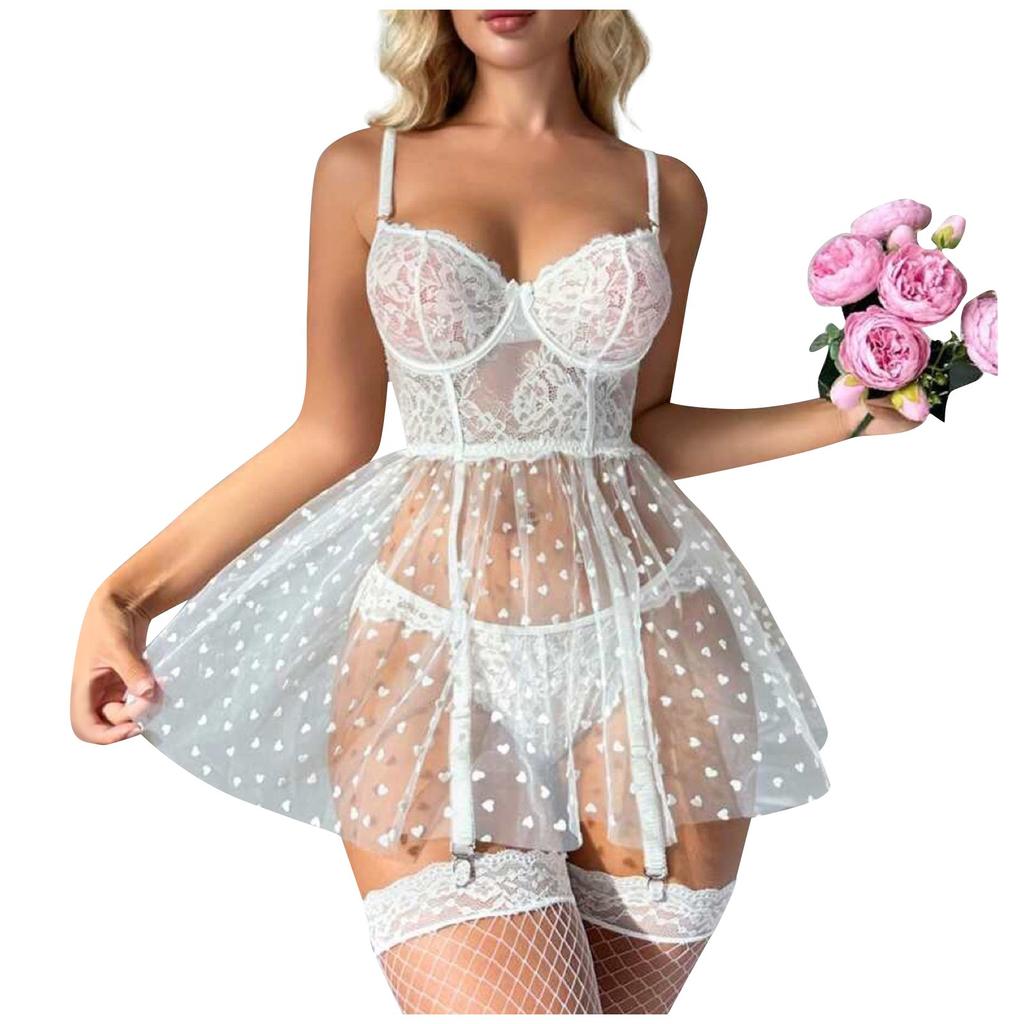 Fun Lingerie Sexy Women's Mesh Transparent Love Lace Pattern Charm Sling Sleeping Dress Set