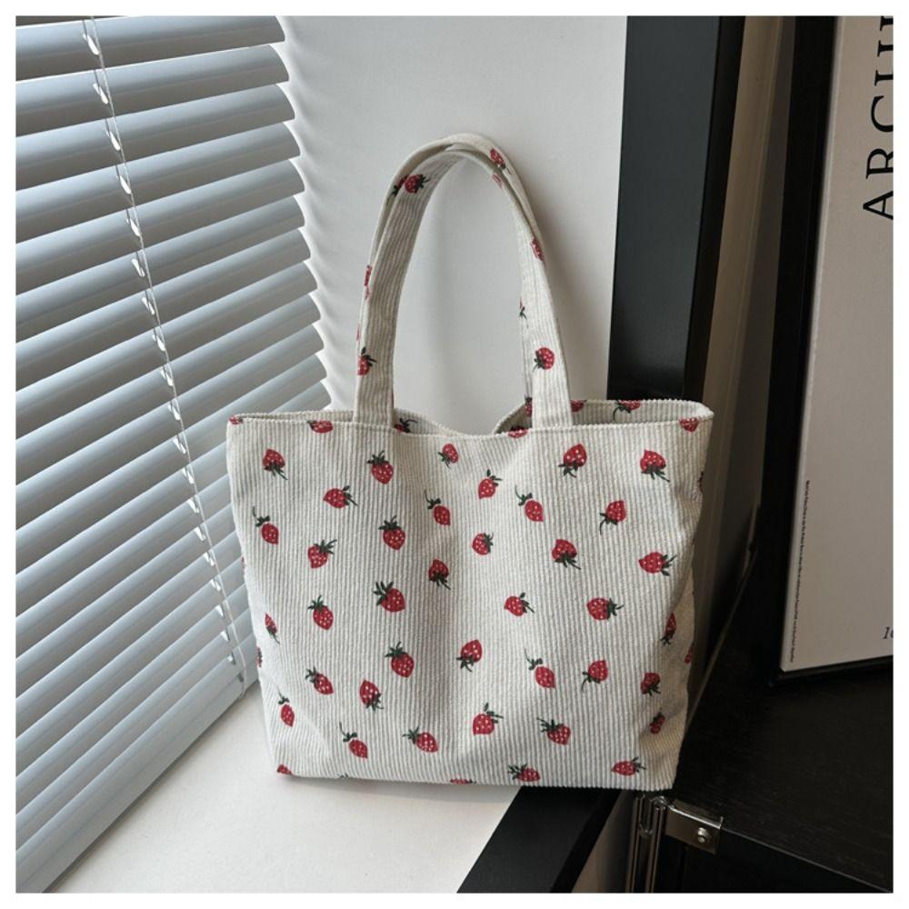 Strawberry Print Shoulder Bag For Women New Fashion Corduroy Large Capacity Shopping Bag Solid Color Handbag Tote Bag