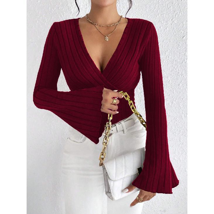 New Women'S V-Neck Flared Sleeve Wine Red T-Shirt Autumn And Winter Slim Fit Base Shirt Top