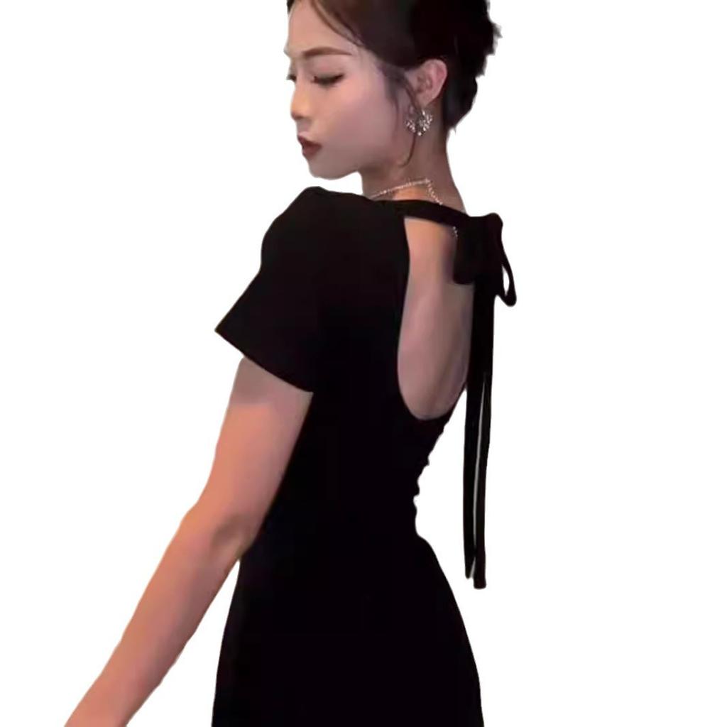 French Hepburn Style Sexy Halter Black Dress Summer New Waist Thin Round Neck Short Sleeve Long Dress