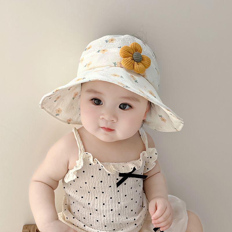 Baby Girls' Wide Brim Sun Hat with Small Flower Print - Breathable, Open Top Summer Protection