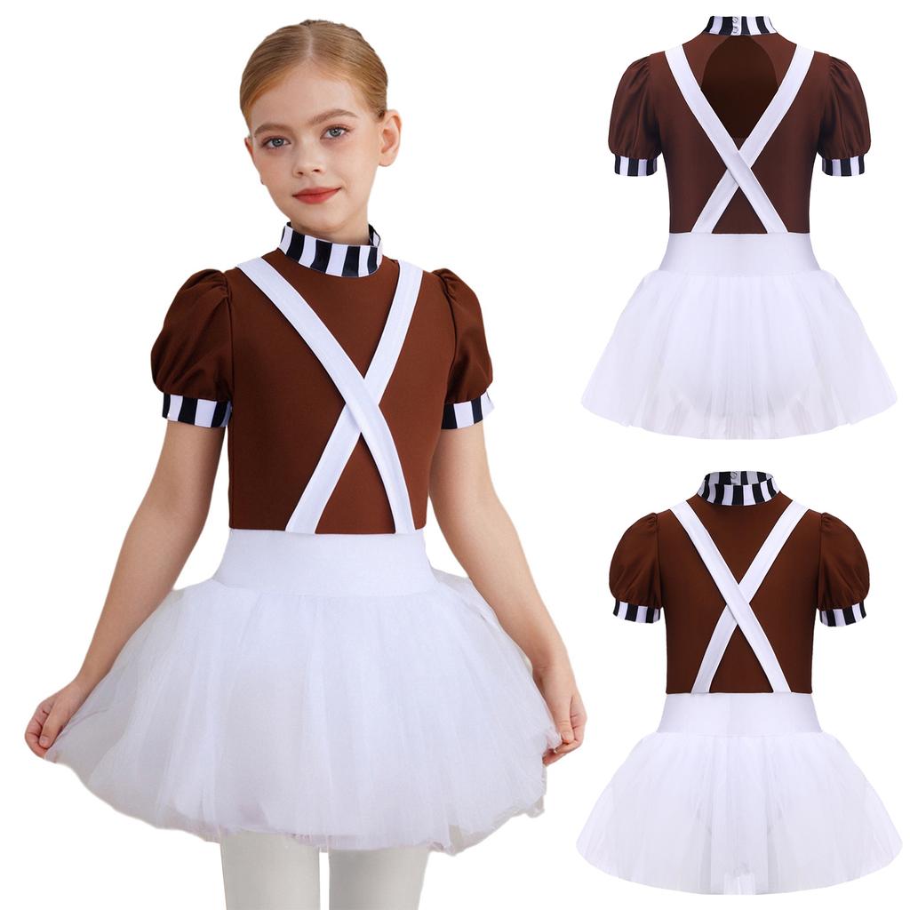 Kids Girls Chocolate Factory Worker Halloween Costume Mock Neck Short Stripe-Cuffed Sleeves Back Cut Puffy Built-In Crotch Press Buttons Dress Braces