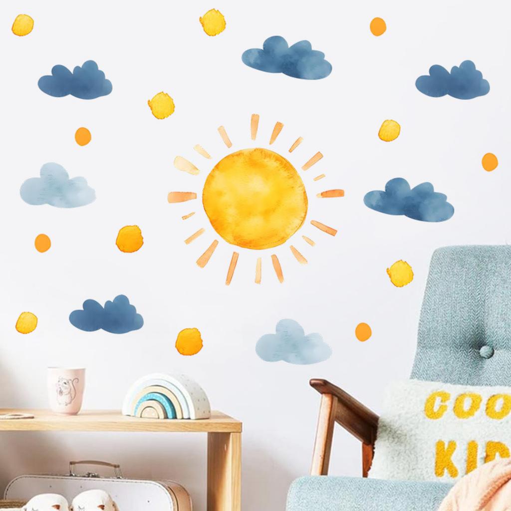 Bohemian Watercolor Sun and Cloud Wall Decals, Self-Adhesive Peel and Stick Stickers for Kids Bedroom, Kindergarten Decor
