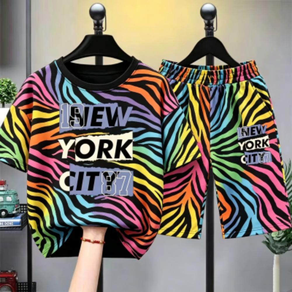 Leopard Zebra Streifen Buchstaben Aufdruck Kinder T-Shirt und Shorts 2-teiliges Set Sommer Freizeit Outfit für Jungen und Mädchen Kinder T-Shirt Set