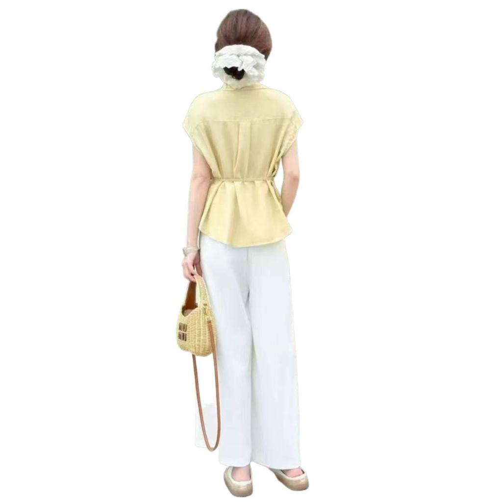 2026 Sommer Chic High-Waist Schnürung Weiter Bein Hosen & Elegantes Oberteil Set