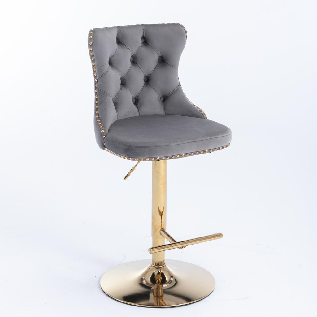 Velvet Swivel Bar Stools, Height 25-33 Inches, Tufted Button Back, Gold Nailhead Trim, Gold Base, for Kitchen Island Home Pub Cafe, Gray, DE1912GY