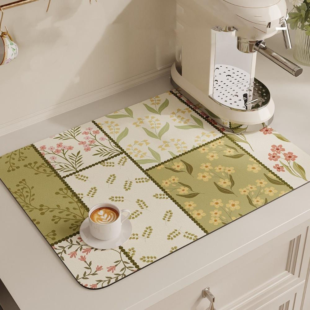 Heat Resistant Dish Drying Mat Floral Print Absorbent Mat Kitchen Drain Mat Kitchen Counter