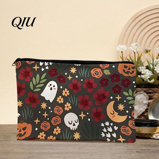 Smooth Zipper Storage Pouch Bag, with Halloween Pattern Printed, Ghost Design Bag Canvas Makeup Large Capacity Travel Cosmetic Wear-resistant