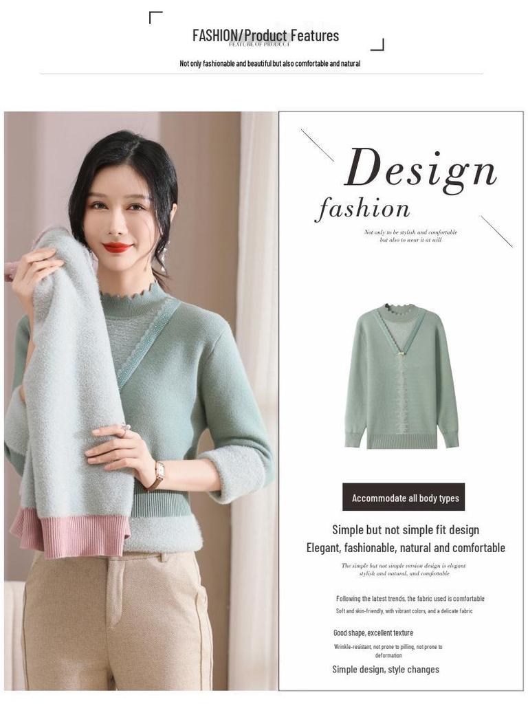 Autumn Winter Fleece Knit Top for Middle-Aged and Elderly Women - Thick Sweater Base Layer