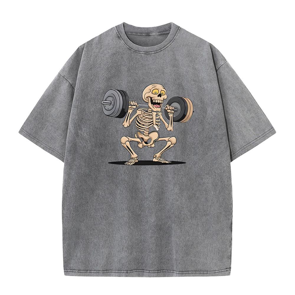 

Mens Retro Distressed Washed TShirt With Fun Weightlifting Skull Print Fashionable Pure Cotton Short Sleeve Street Style Top S