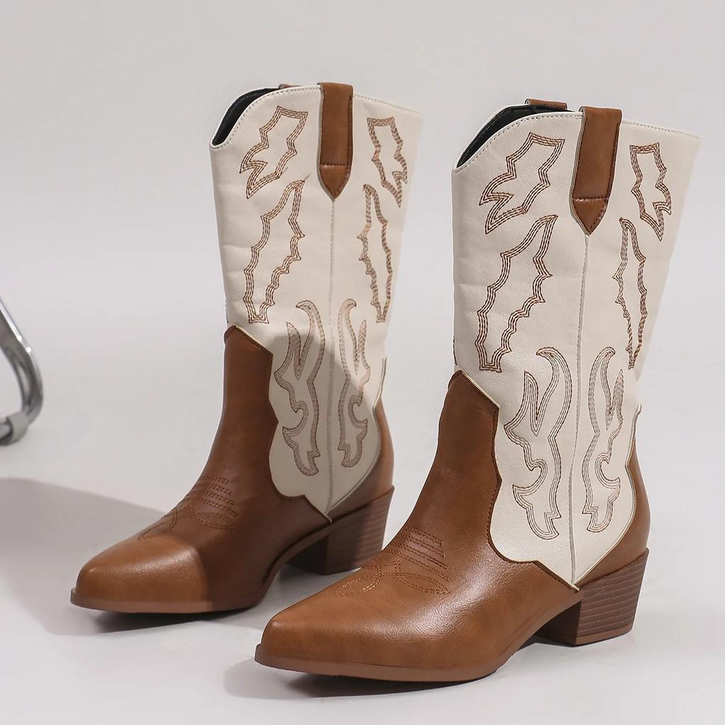 Autumn and Winter Fashion Paragraph Western CowboyHeel French Boots Fashion Trend Mid Top Boots