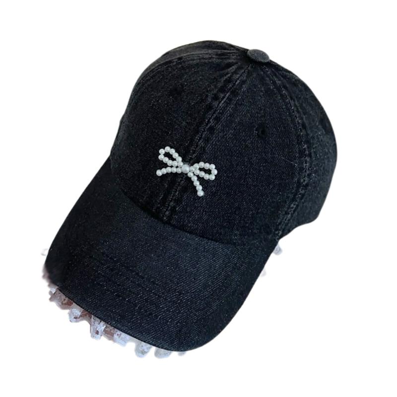 Stylish Women Fabric Baseball Hat with 3D Pearls Bowknot and Lace Trim for Outdoor Sports Activity Breathable Headwear