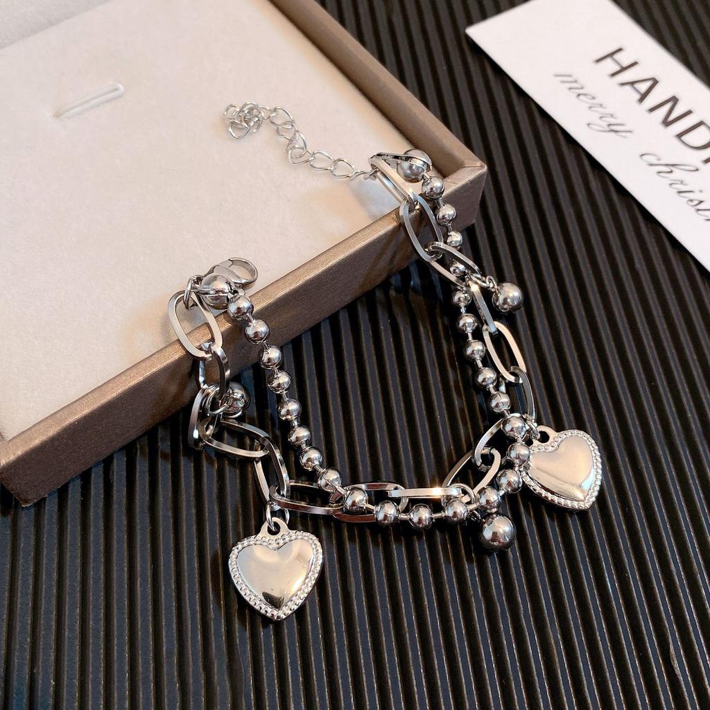 Ins Double-layers Korean Heart Tassel Bracelets For Women Stainless Steel Thick Chain Beaded Bangle Hiphop Bracelet Jewelry Gift