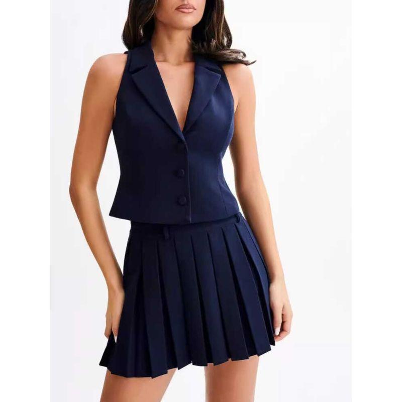 French Style Temperament V-neck Buttons Sleeveless Slim-Fit Crop-Top Women + Fashion High Waist Pleated Skirt Suit New Arrival