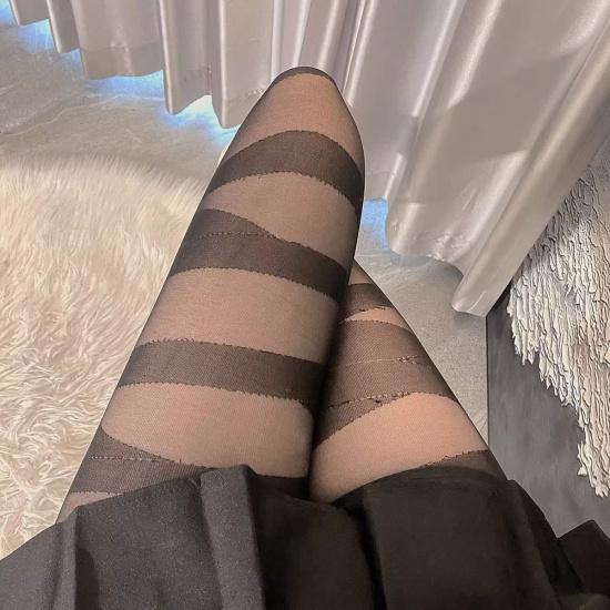 Fashionable Striped Tights with Cross-Tie Detail - Unique Bandage Black Silk Stockings