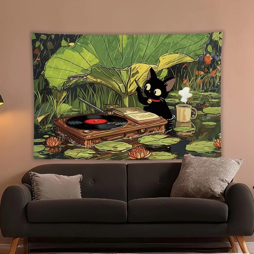 Dark Cute Tapestry, Tarot-Patterned Black Cat Witchcraft Style, Gothic Bedroom/Study/Cozy Mysterious Space Decor