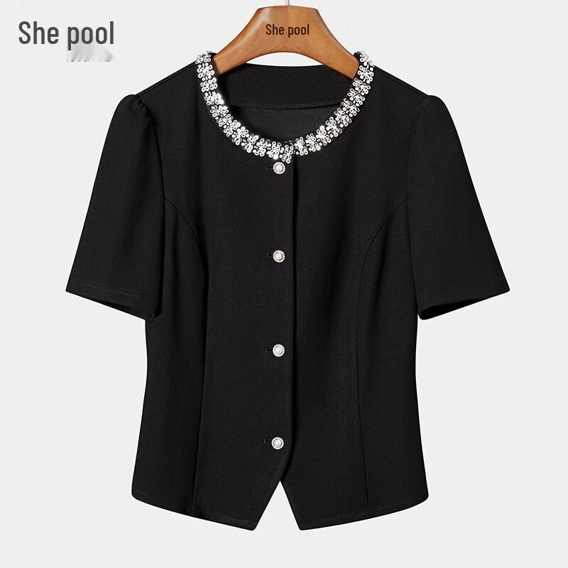 Elegant Sequin Beaded Round Neck Short Sleeve Blouse M