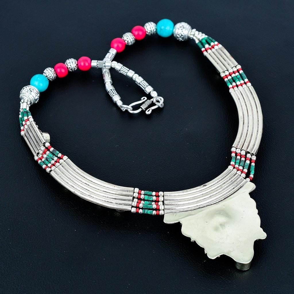 Türkis, Koralle 925 Sterlingsilber Halskette Tibetsilber Halskette Böhmische Antike Halskette Handgefertigter Schmuck Nepalesische Halskette Geschenk für Ehefrau