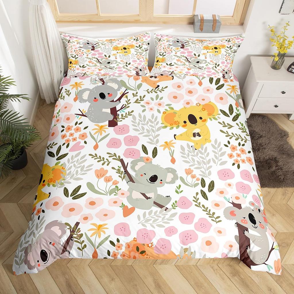 Urocza Poszwa na Kołdrę Koala Rozmiar Twin, Różowy Zestaw Pościeli z Balonem na Gorące Powietrze, Akwarelowy Kwiatowy Zwierzęcy Pokrowiec na Kołdrę, Kreskówkowy Pokrowiec na Kołdrę